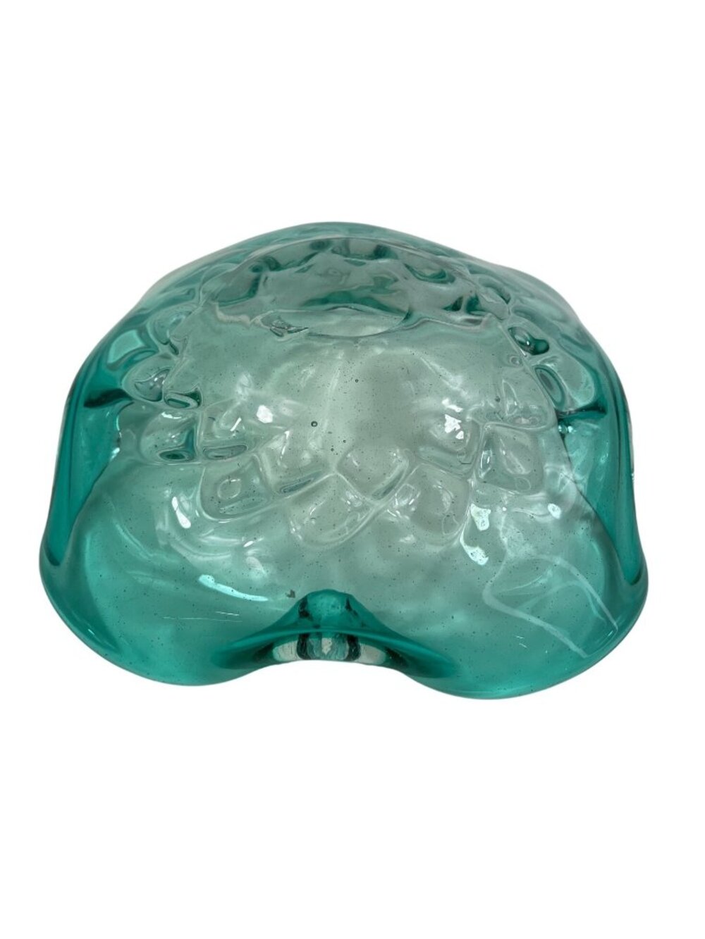 Vintage Hand Blown Turquoise Glass Bowl w/ Ruffled Edge & Textured Floral Design - Picture 6 of 10